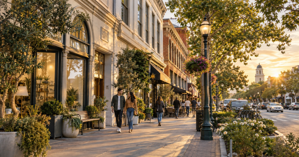 Downtown San Mateo at golden hour with historic buildings, storefronts, pedestrians, street lamps, and landscaped sidewalks