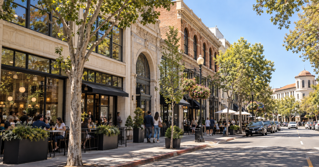Historic downtown San Mateo streetscape with preserved brick and stone buildings