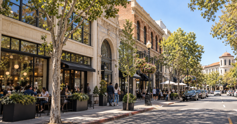 Historic downtown San Mateo streetscape with preserved brick and stone buildings