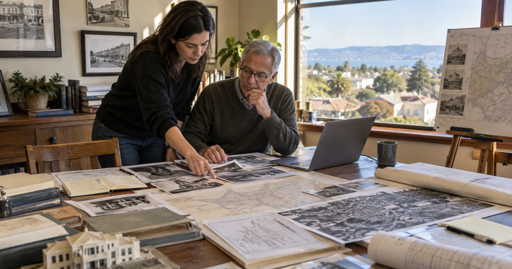 Researchers reviewing historic San Mateo photographs, maps, blueprints, and archival records during a preservation study