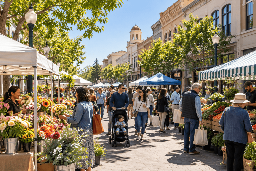 Downtown San Mateo farmers market with fresh produce, flowers, local vendors, and shoppers