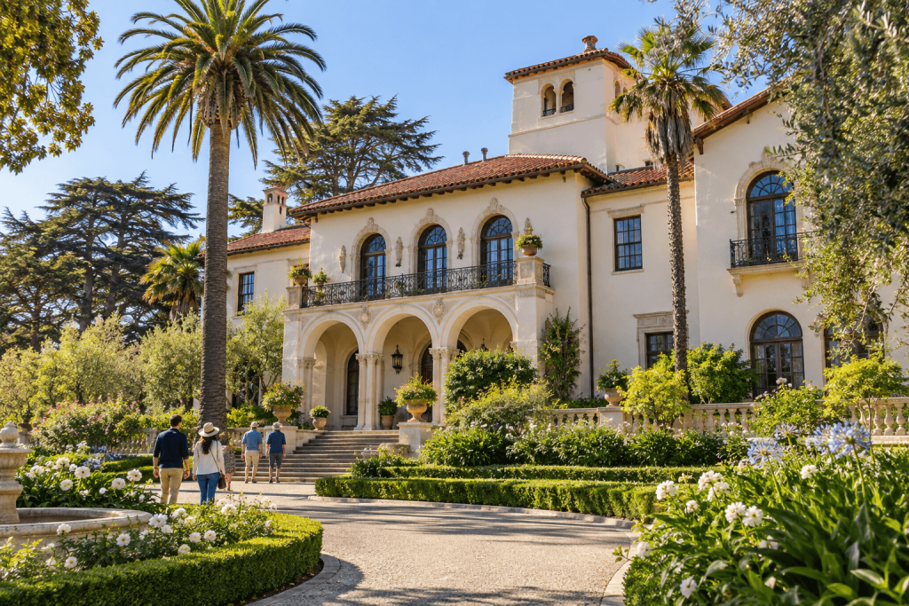 Historic Mediterranean-style estate in San Mateo with palm trees