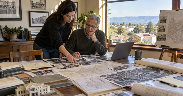 Researchers reviewing historic San Mateo photographs, maps, blueprints, and archival records during a preservation study