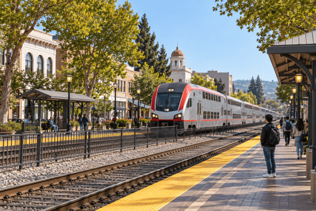 San Mateo commuter train station with a modern passenger train