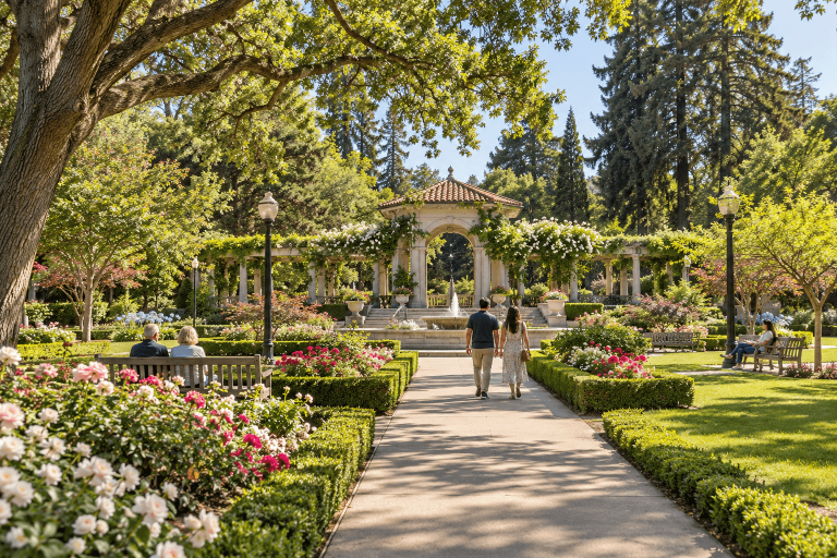 San Mateo historic garden with roses, shaded pathways, benches, and a decorative pavilion
